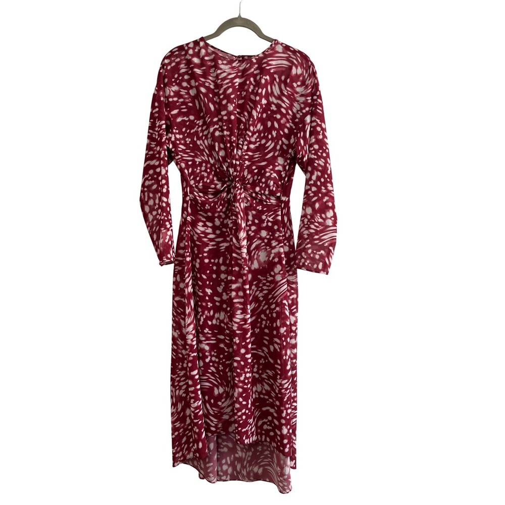 Maje Rivole Abstract Print Twist Front Midi Dress Burgundy White Long Sleeve